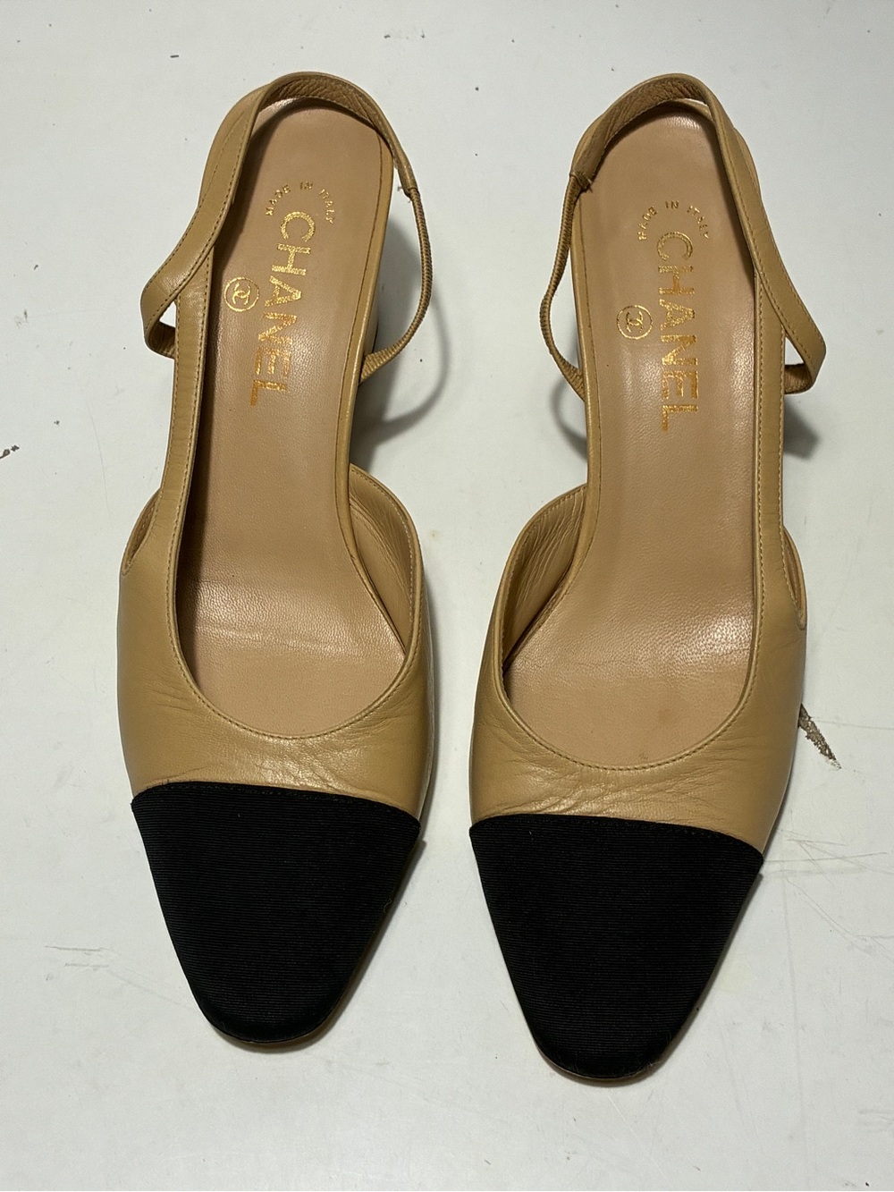 CHANEL Two-Tone Slingback Pumps in Tan and Black